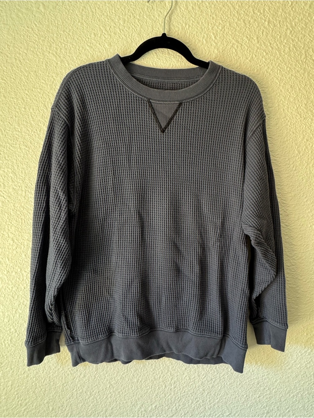 aerie Washed Navy Blue Waffle-Knit Crewneck Sweatshirt